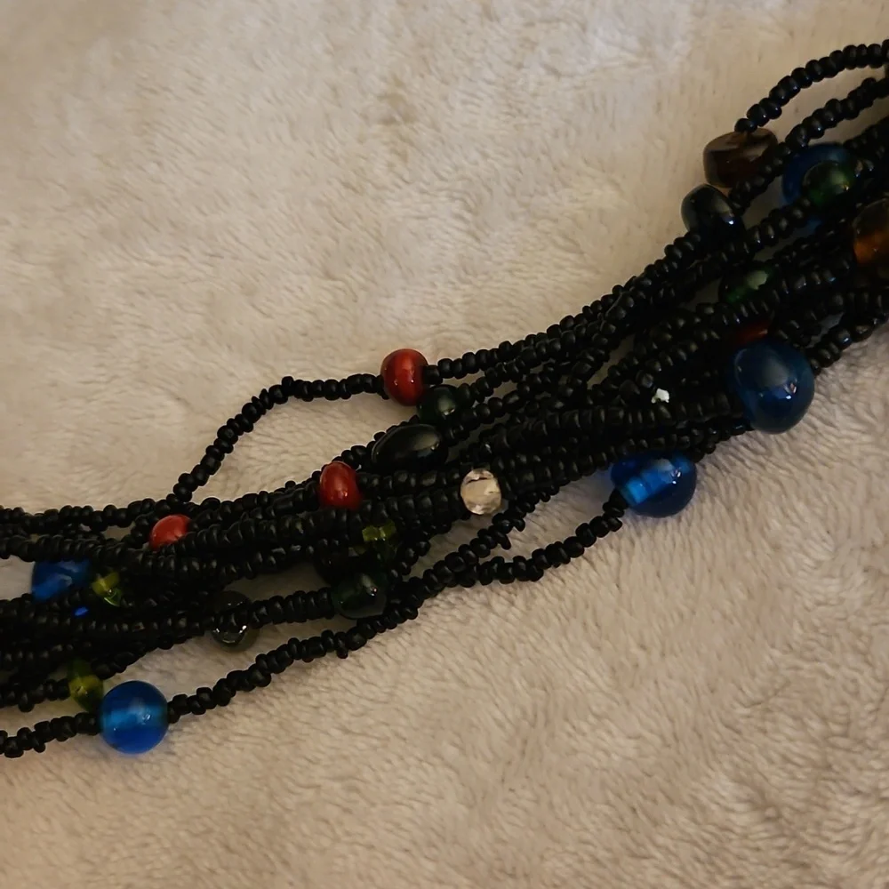 Vintage Indian Black and Multicolor Rainbow Glass Beaded Multi-strand Necklace